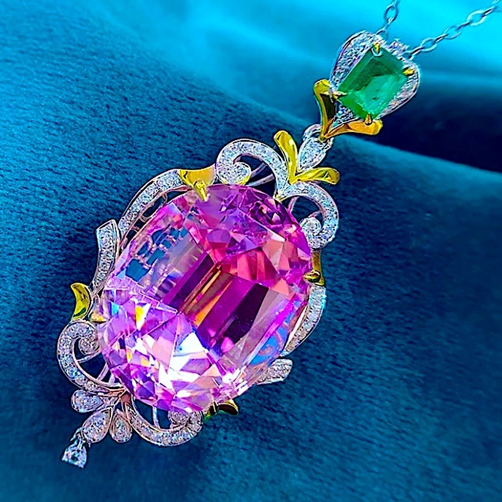Pink Morganite Sterling Silver Vintage Emerald Zircon Pendant Charm Necklace